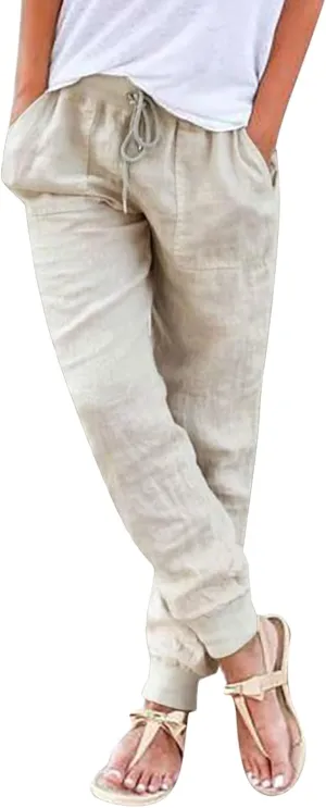 Womens Cotton Linen Pants Summer Beach Drawstring Elastic Waist Pants Casual Trousers with Pockets
