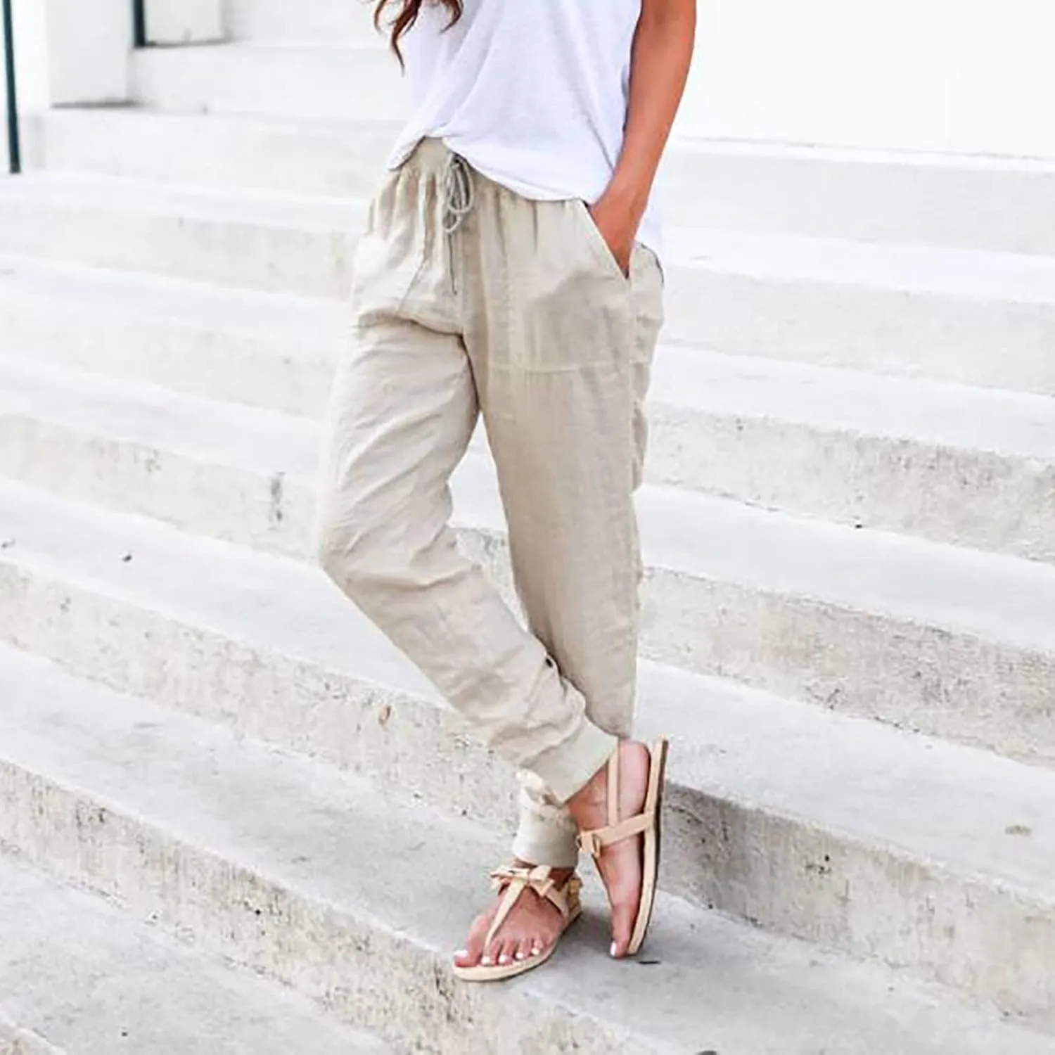 Womens Cotton Linen Pants Summer Beach Drawstring Elastic Waist Pants Casual Trousers with Pockets