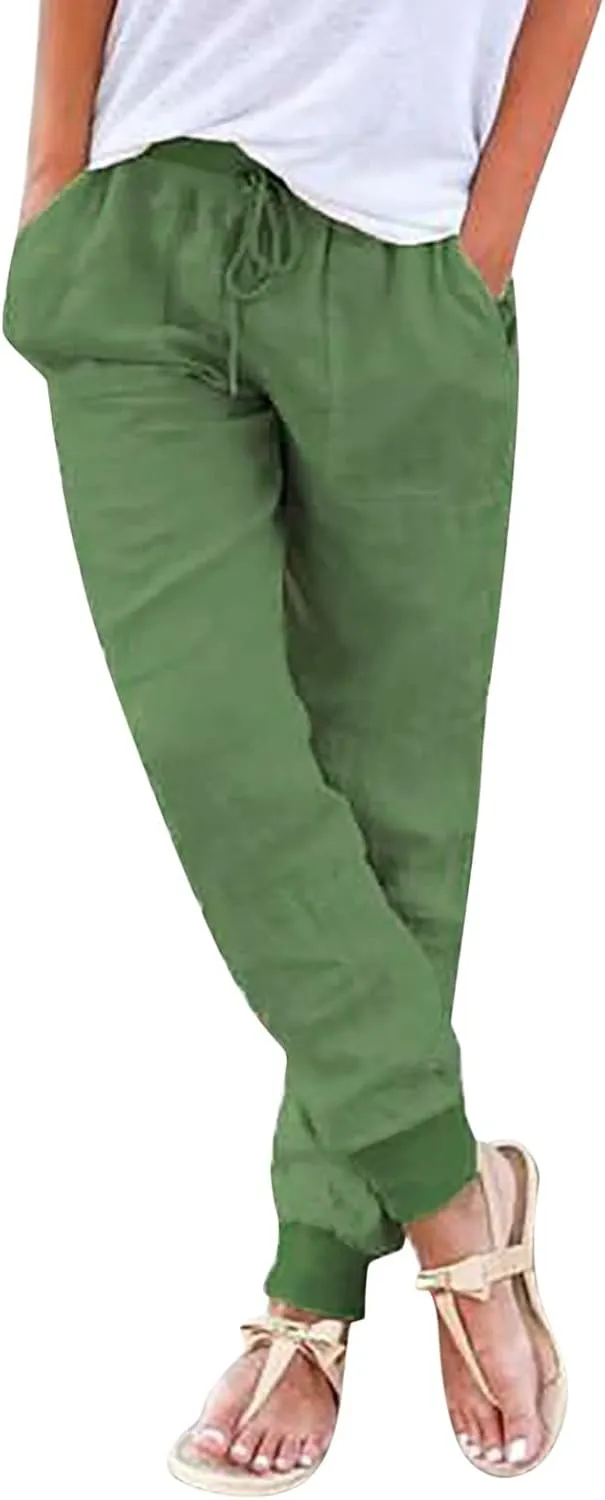 Womens Cotton Linen Pants Summer Beach Drawstring Elastic Waist Pants Casual Trousers with Pockets