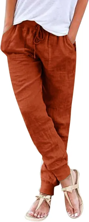 Womens Cotton Linen Pants Summer Beach Drawstring Elastic Waist Pants Casual Trousers with Pockets