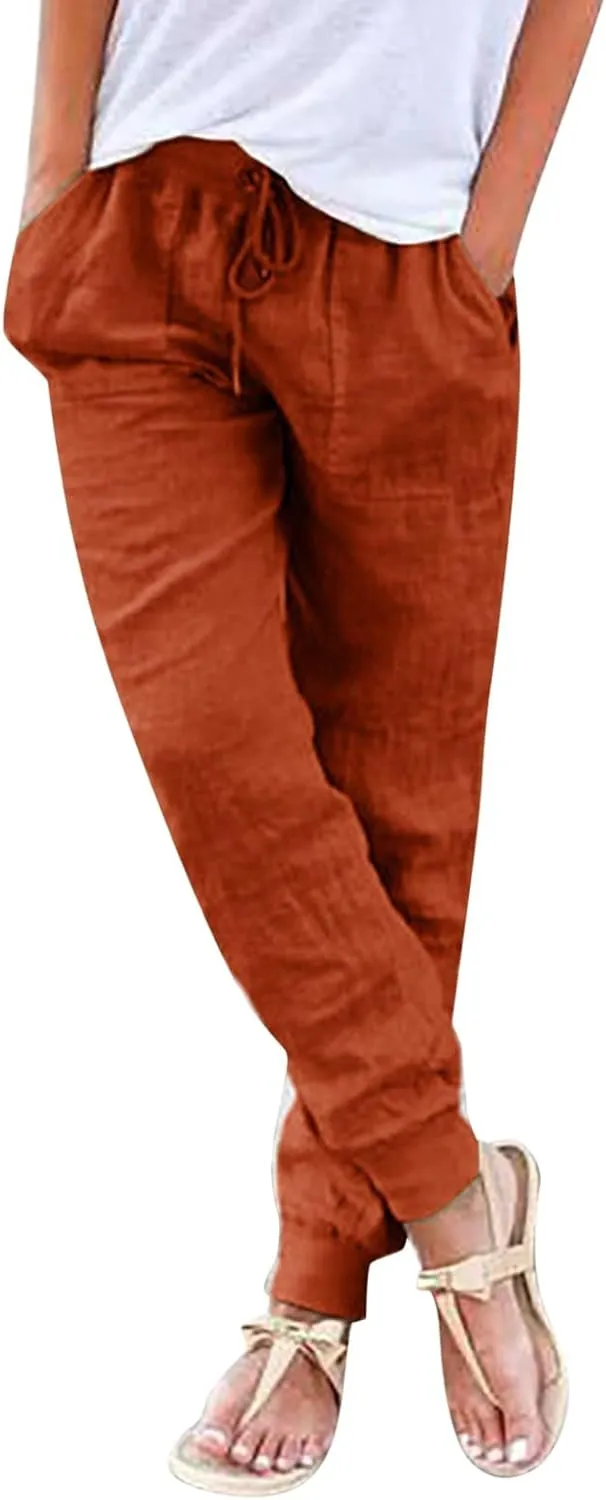 Womens Cotton Linen Pants Summer Beach Drawstring Elastic Waist Pants Casual Trousers with Pockets