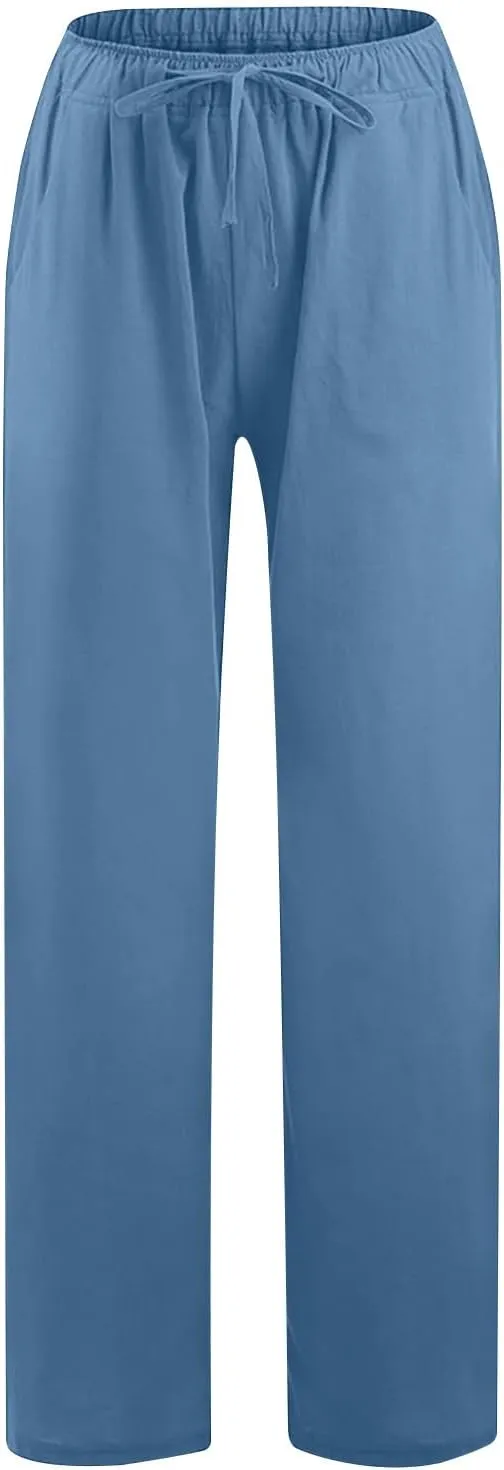 Women's Cotton Linen Pants Summer Wide Leg Pants High Waist Palazzo Pants Casual Loose Flowy Beach Trousers