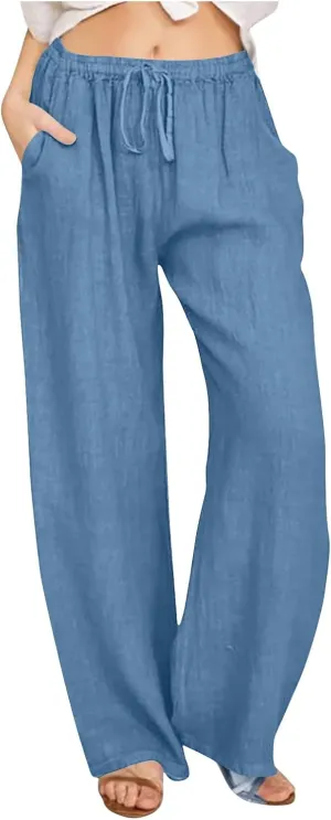 Women's Cotton Linen Pants Summer Wide Leg Pants High Waist Palazzo Pants Casual Loose Flowy Beach Trousers