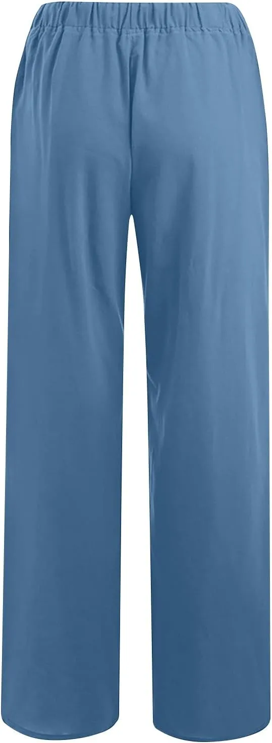 Women's Cotton Linen Pants Summer Wide Leg Pants High Waist Palazzo Pants Casual Loose Flowy Beach Trousers