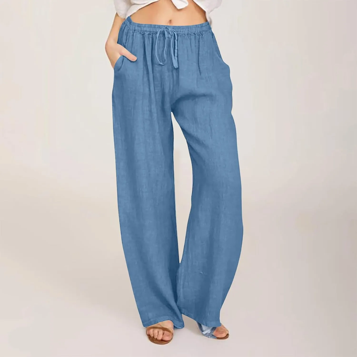Women's Cotton Linen Pants Summer Wide Leg Pants High Waist Palazzo Pants Casual Loose Flowy Beach Trousers