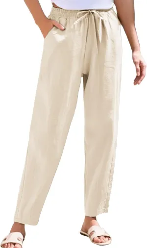 Womens Cotton Linen Straight Leg Pants Elastic Waist Drawstring Casual Trousers with Pockets Summer Beach Lounge Pant