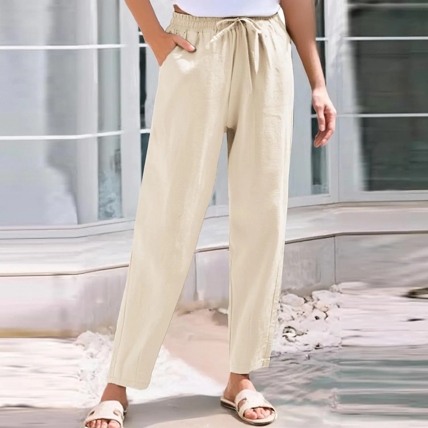 Womens Cotton Linen Straight Leg Pants Elastic Waist Drawstring Casual Trousers with Pockets Summer Beach Lounge Pant