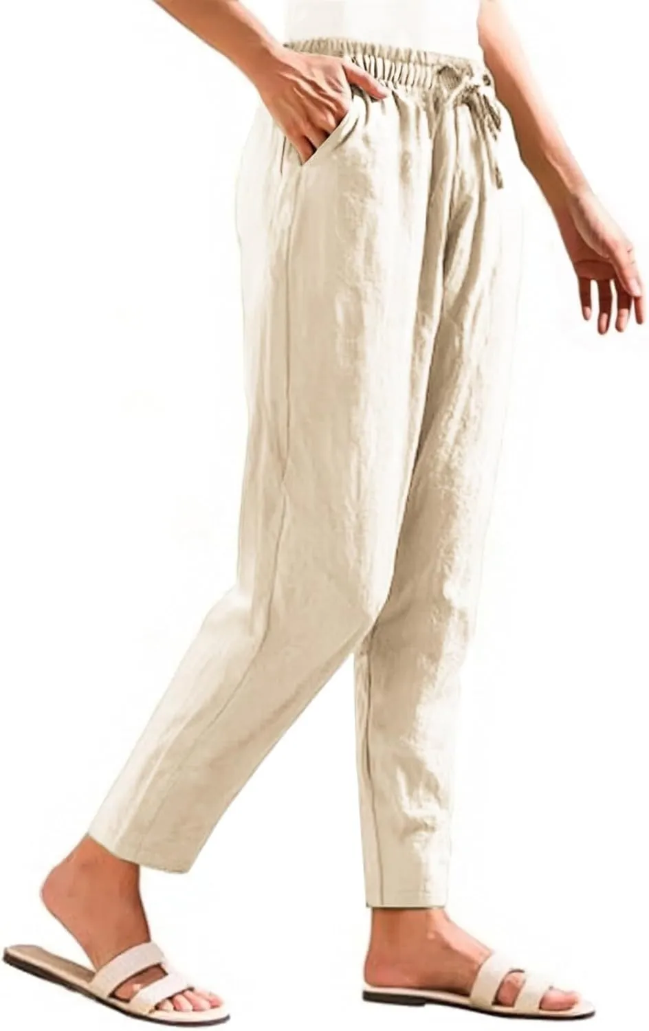 Womens Cotton Linen Straight Leg Pants Elastic Waist Drawstring Casual Trousers with Pockets Summer Beach Lounge Pant