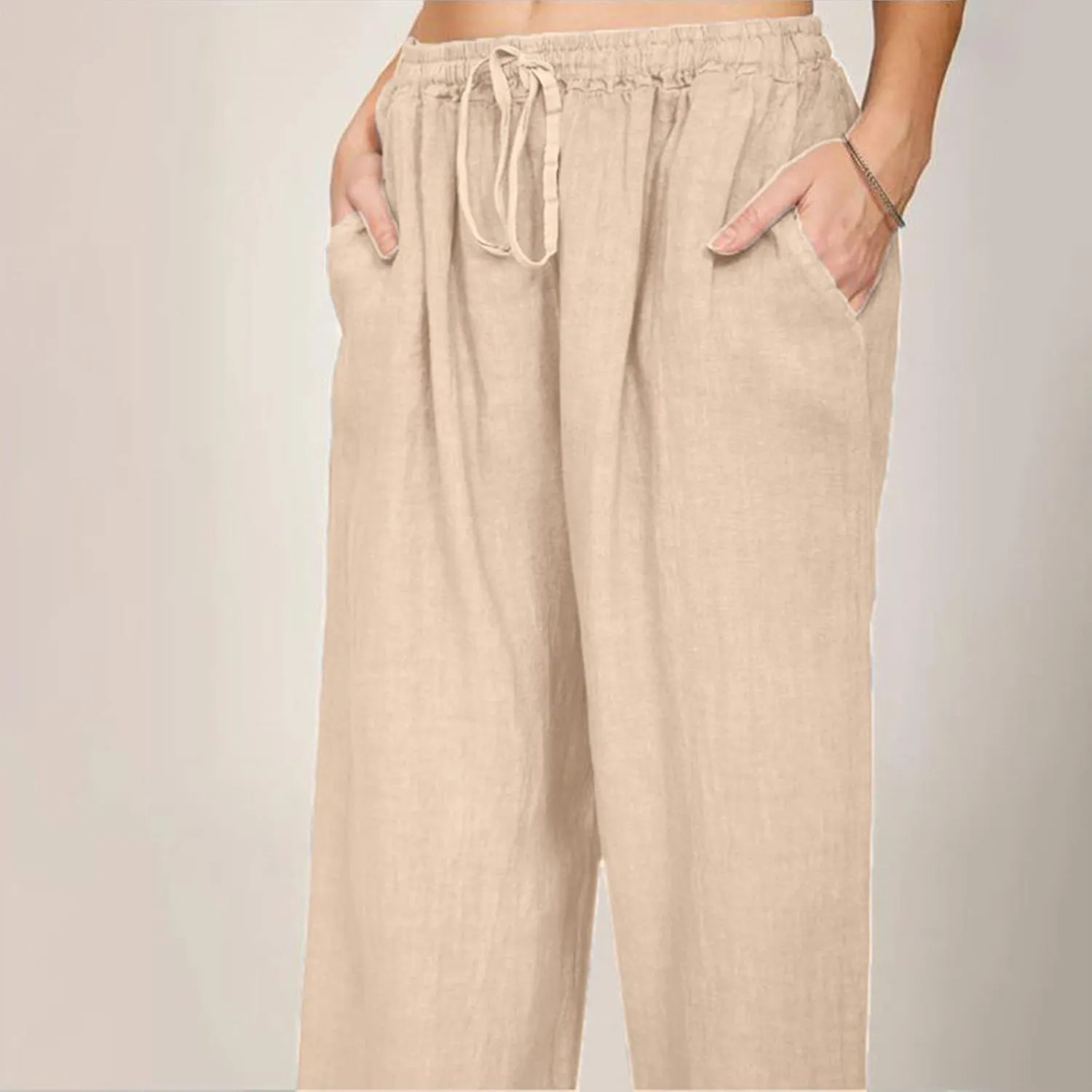 Women's Cotton Linen Summer High Waist Straight Leg Pants Comfy Solid Color Cotton Lounge Pants Loose Trousers with Pocket