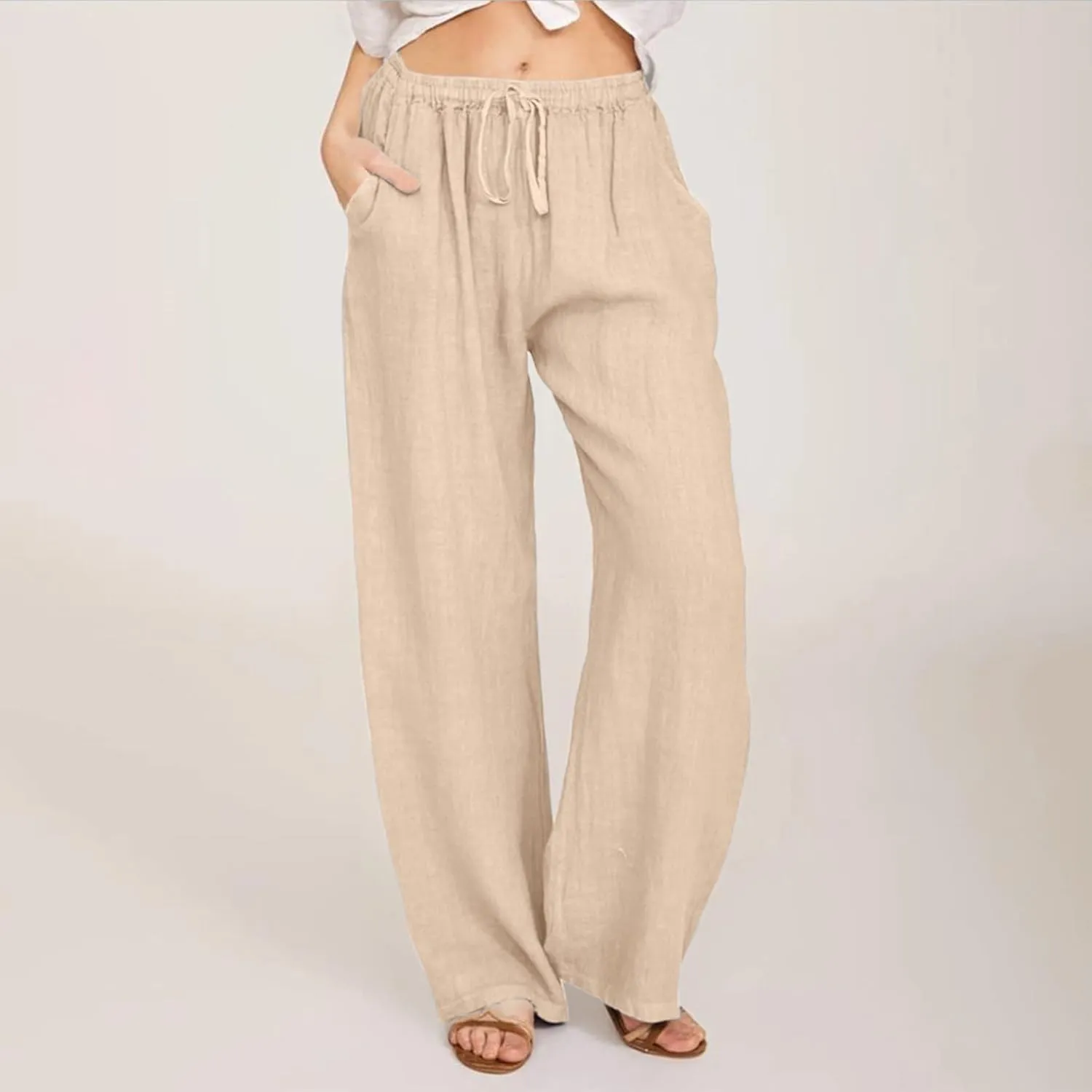 Women's Cotton Linen Summer High Waist Straight Leg Pants Comfy Solid Color Cotton Lounge Pants Loose Trousers with Pocket