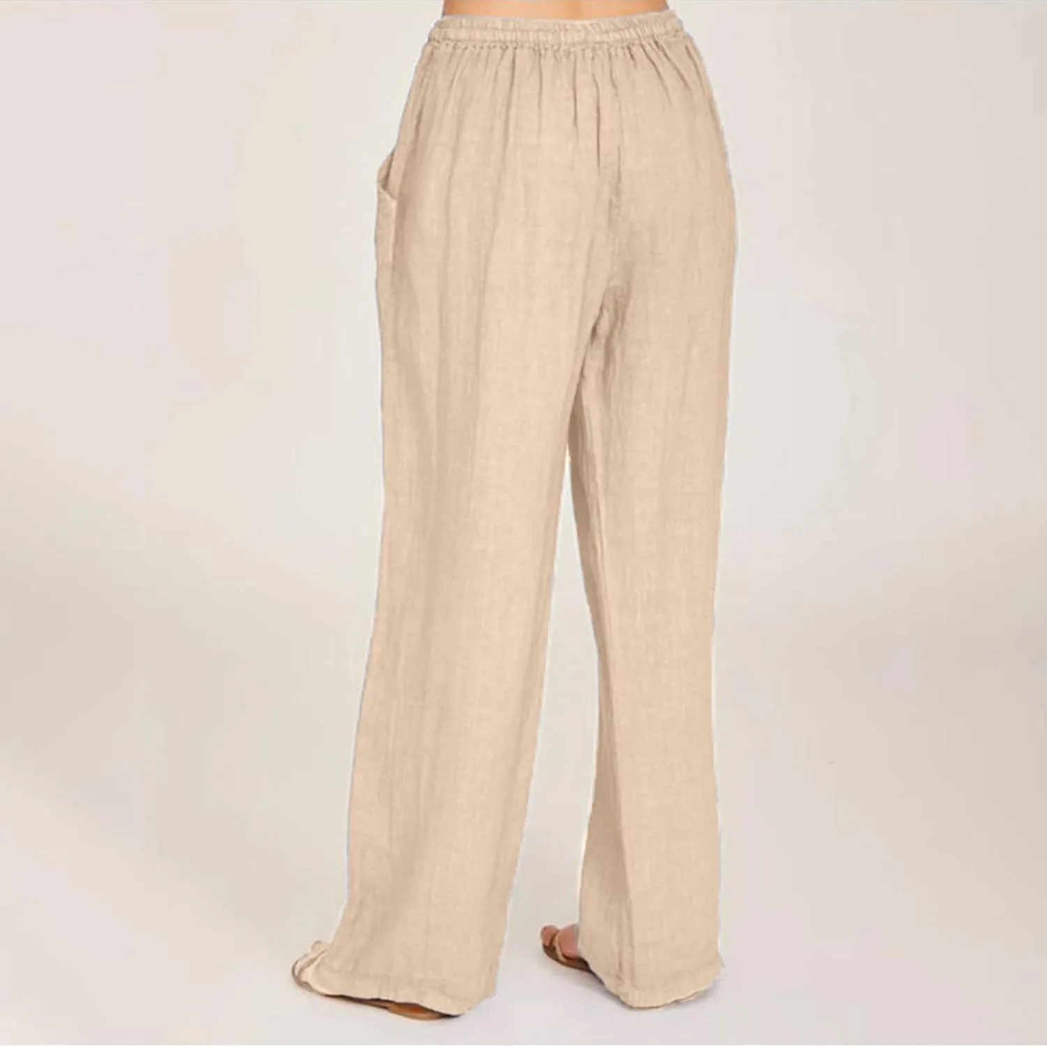 Women's Cotton Linen Summer High Waist Straight Leg Pants Comfy Solid Color Cotton Lounge Pants Loose Trousers with Pocket