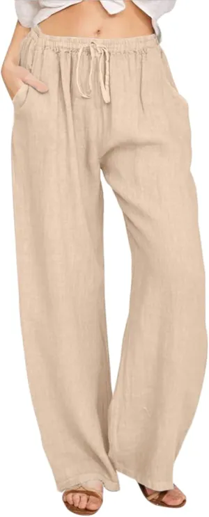 Women's Cotton Linen Summer High Waist Straight Leg Pants Comfy Solid Color Cotton Lounge Pants Loose Trousers with Pocket