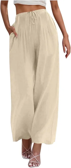 Women's Cotton Linen Summer Palazzo Pants Drawstring Elastic Waist Causal Flowy Wide Leg Beach Trousers with Pockets