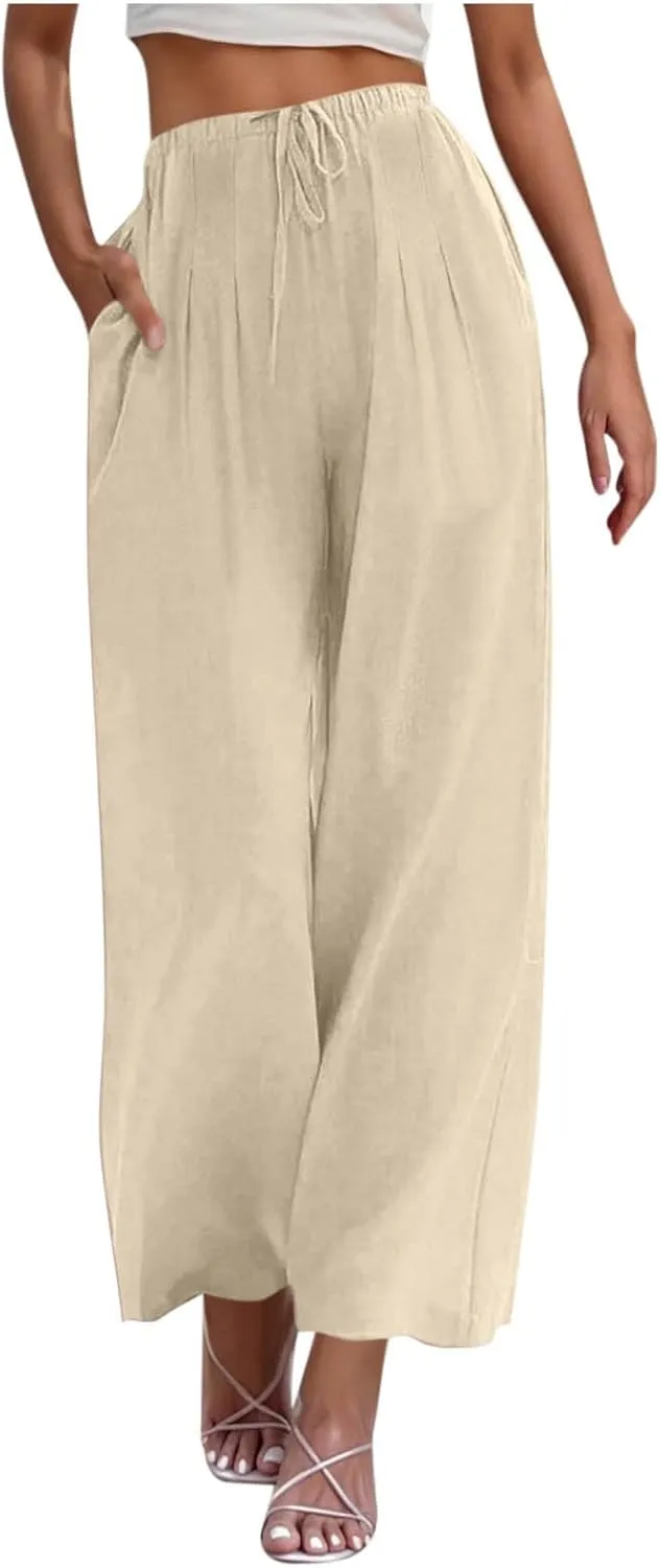 Women's Cotton Linen Summer Palazzo Pants Drawstring Elastic Waist Causal Flowy Wide Leg Beach Trousers with Pockets