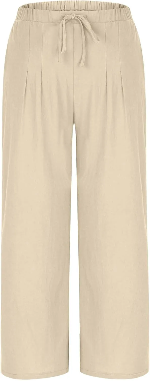Women's Cotton Linen Summer Palazzo Pants Drawstring Elastic Waist Causal Flowy Wide Leg Beach Trousers with Pockets