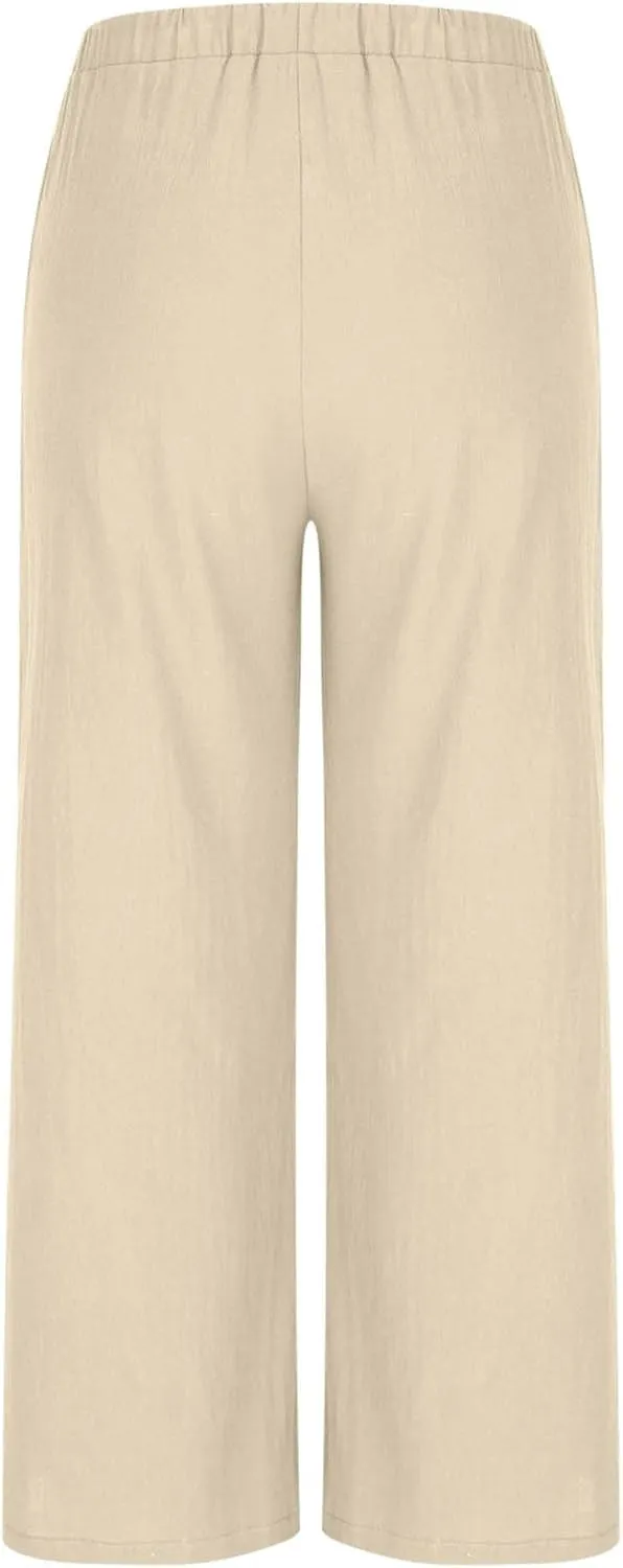 Women's Cotton Linen Summer Palazzo Pants Drawstring Elastic Waist Causal Flowy Wide Leg Beach Trousers with Pockets