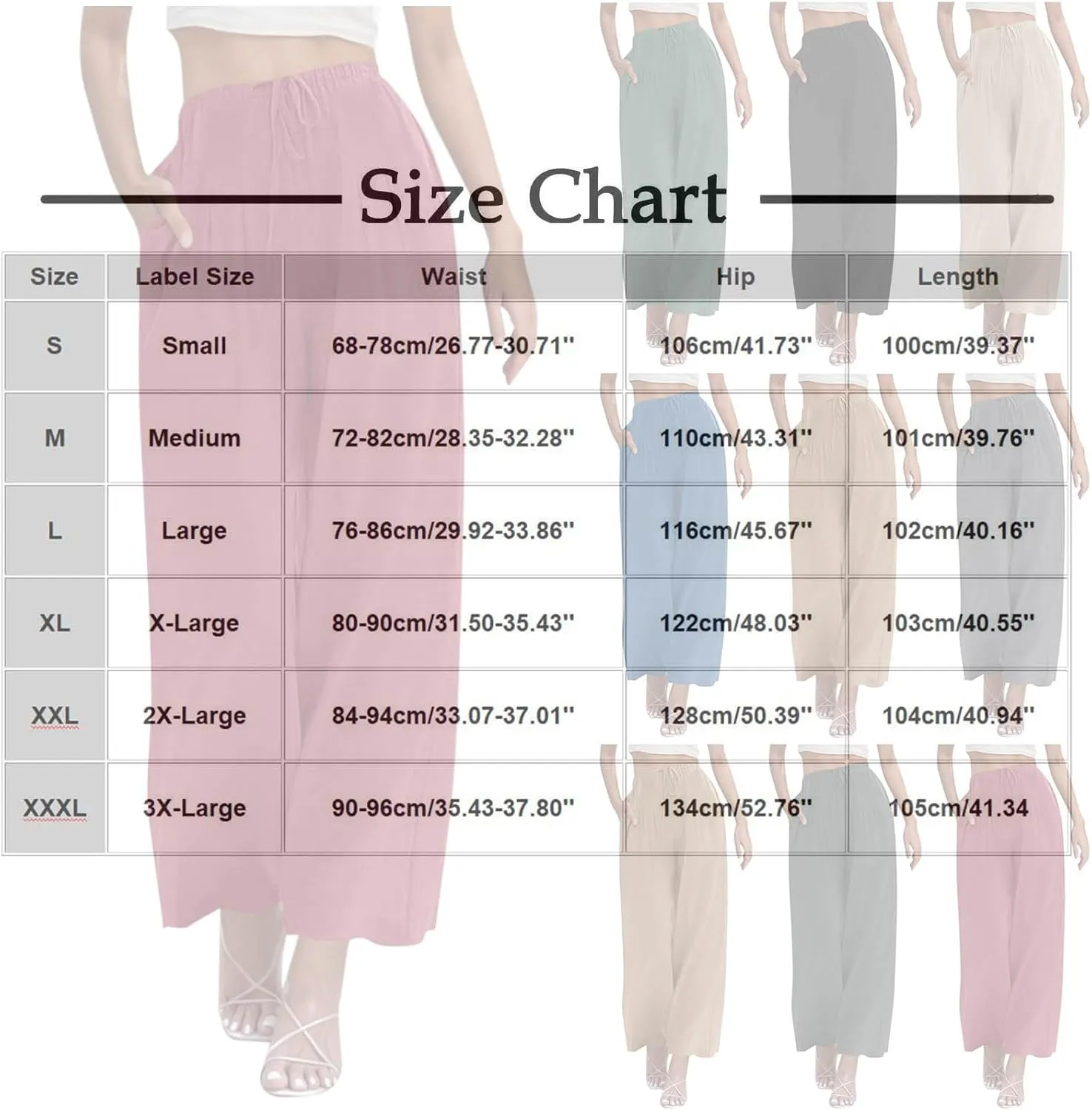 Women's Cotton Linen Summer Palazzo Pants Drawstring Elastic Waist Causal Flowy Wide Leg Beach Trousers with Pockets