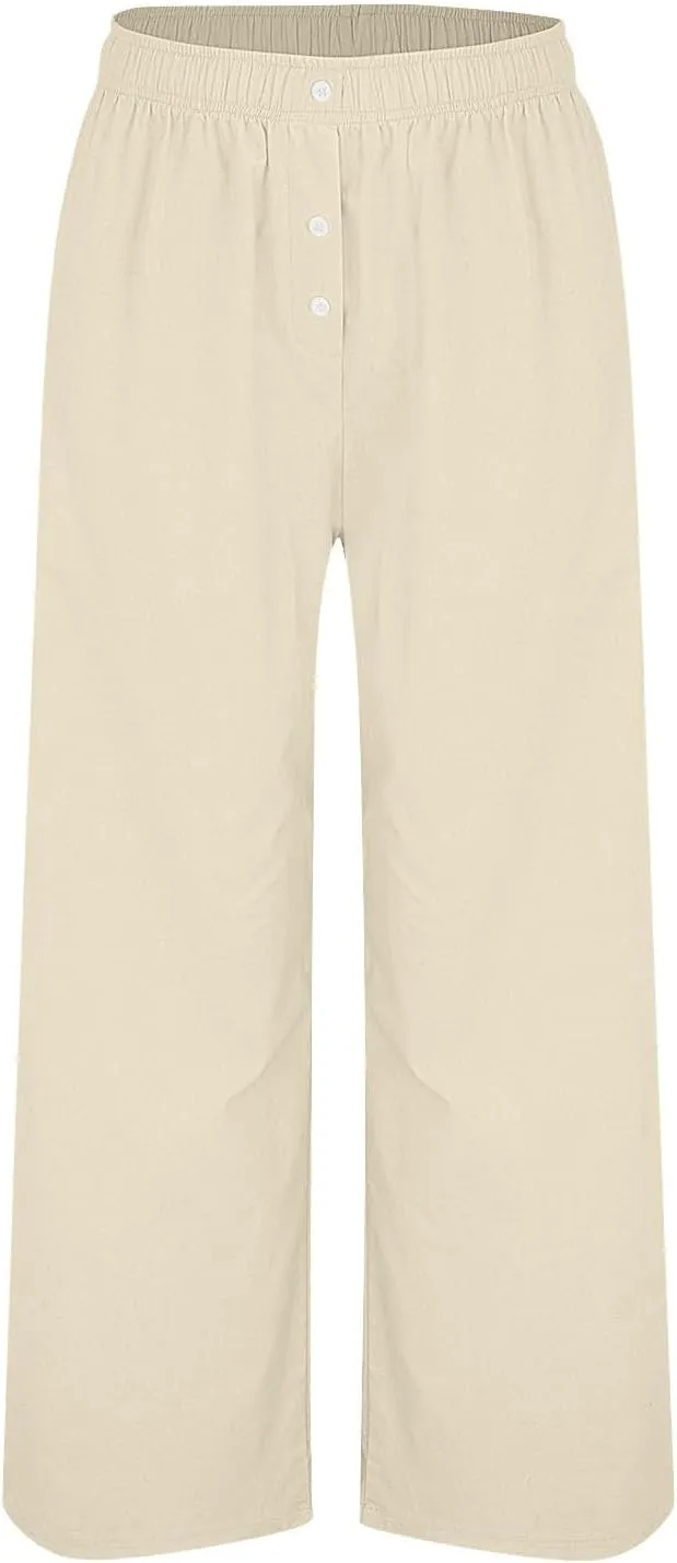 Womens Cotton Linen Wide Leg Pants Summer Lightweight High Waist Palazzo Pant Beach Flowy Button Trouser with Pocket