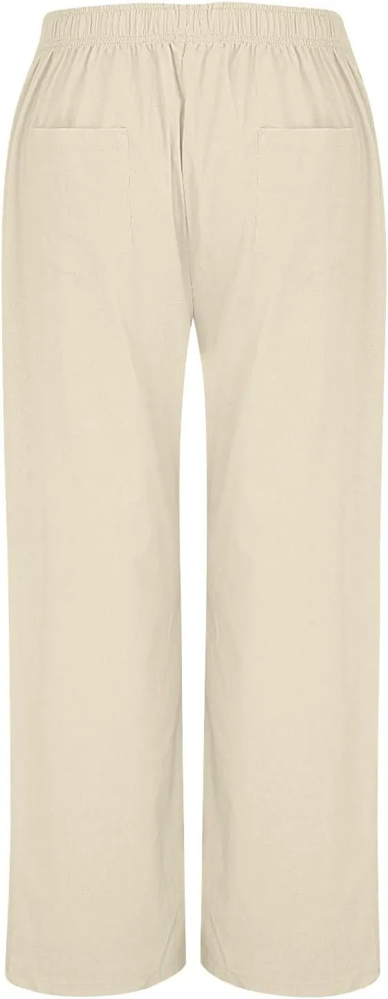 Womens Cotton Linen Wide Leg Pants Summer Lightweight High Waist Palazzo Pant Beach Flowy Button Trouser with Pocket