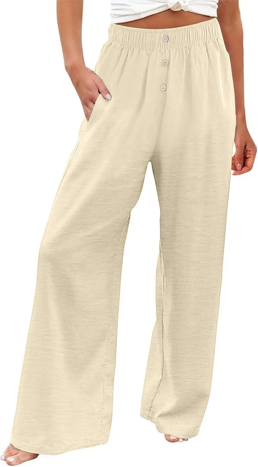Womens Cotton Linen Wide Leg Pants Summer Lightweight High Waist Palazzo Pant Beach Flowy Button Trouser with Pocket