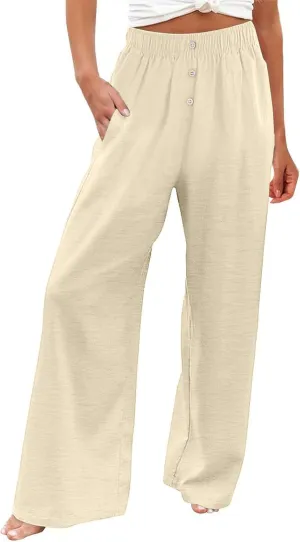 Womens Cotton Linen Wide Leg Pants Summer Lightweight High Waist Palazzo Pant Beach Flowy Button Trouser with Pocket