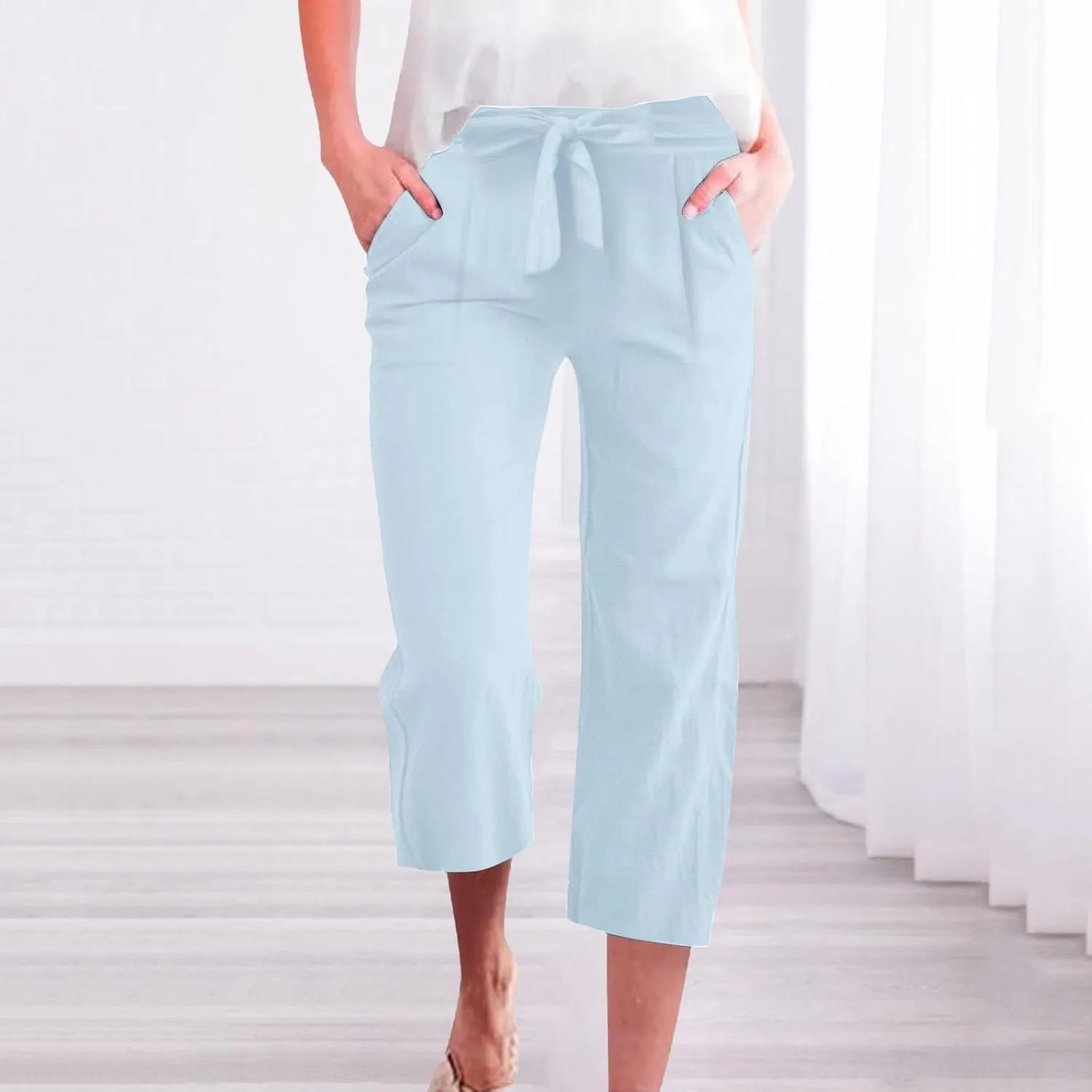 Women's Cropped Capri Pants - Summer Linen Harem Style Trousers, Elastic Waist & Side Pockets