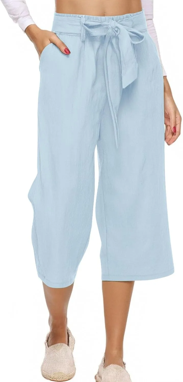 Women's Cropped Capri Pants - Summer Linen Harem Style Trousers, Elastic Waist & Side Pockets