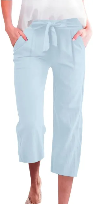 Women's Cropped Capri Pants - Summer Linen Harem Style Trousers, Elastic Waist & Side Pockets