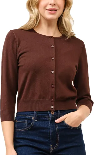 Women's Cropped Cardigan 3/4 Sleeve Crewneck Button Up Sweater Knit Top (S~XL)