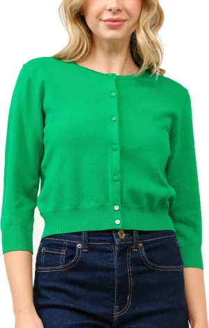 Women's Cropped Cardigan 3/4 Sleeve Crewneck Button Up Sweater Knit Top (S~XL)