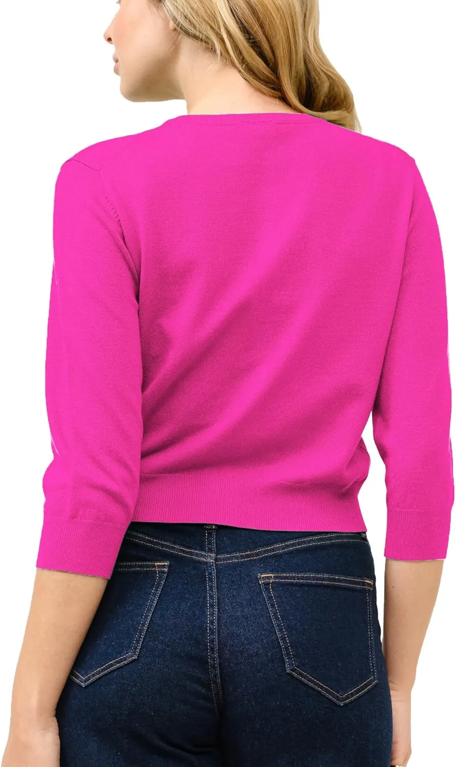Women's Cropped Cardigan 3/4 Sleeve Crewneck Button Up Sweater Knit Top (S~XL)