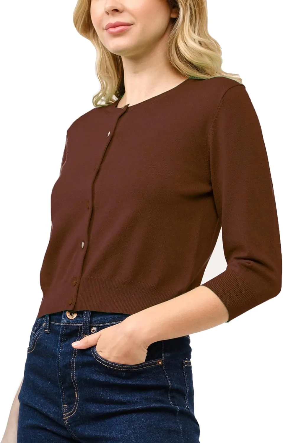 Women's Cropped Cardigan 3/4 Sleeve Crewneck Button Up Sweater Knit Top (S~XL)