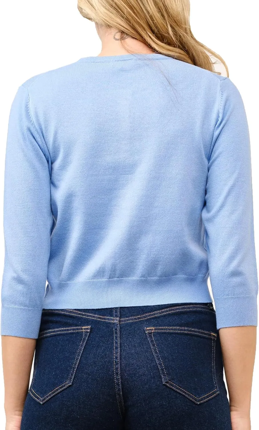 Women's Cropped Cardigan 3/4 Sleeve Crewneck Button Up Sweater Knit Top (S~XL)