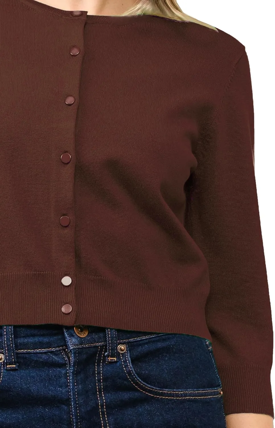 Women's Cropped Cardigan 3/4 Sleeve Crewneck Button Up Sweater Knit Top (S~XL)