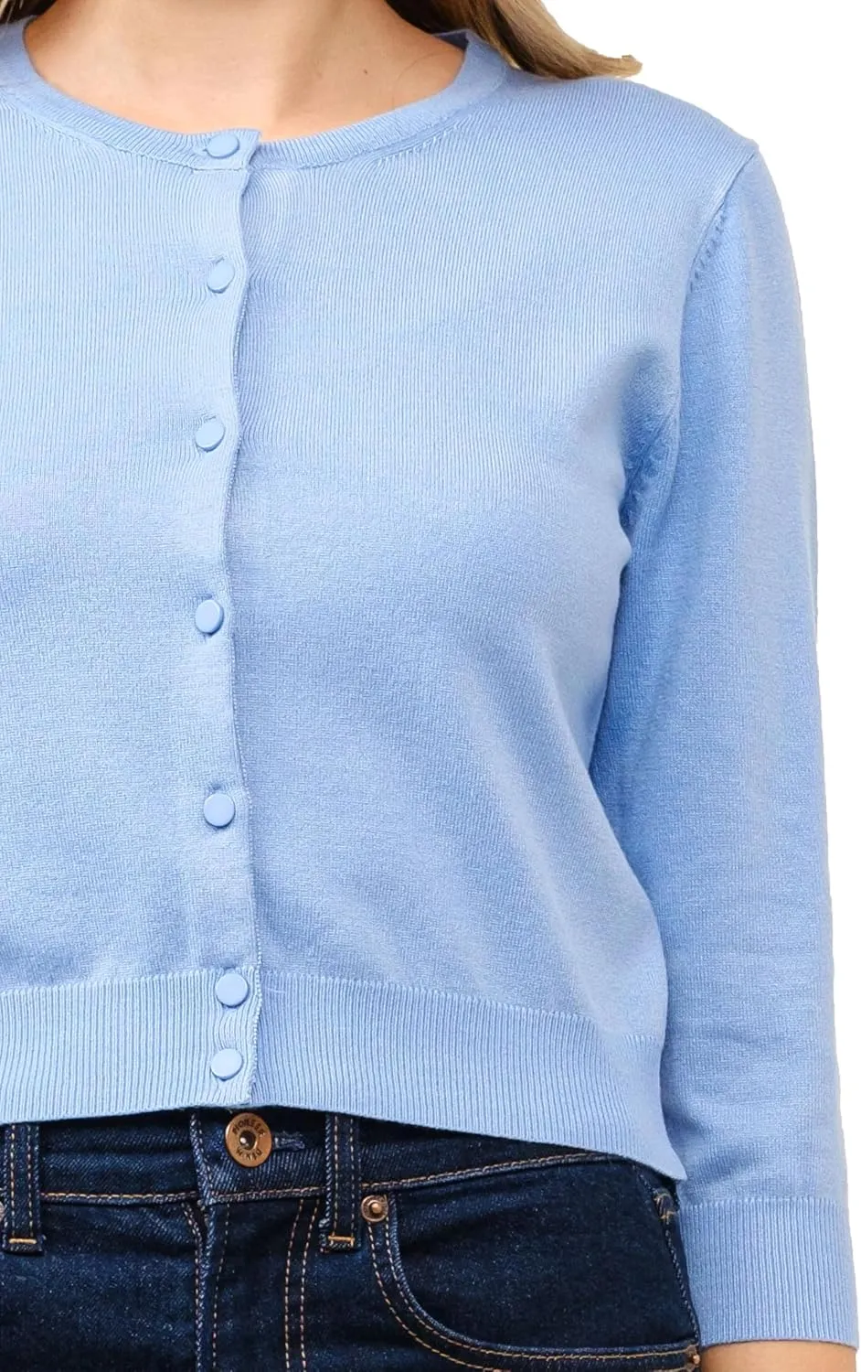 Women's Cropped Cardigan 3/4 Sleeve Crewneck Button Up Sweater Knit Top (S~XL)