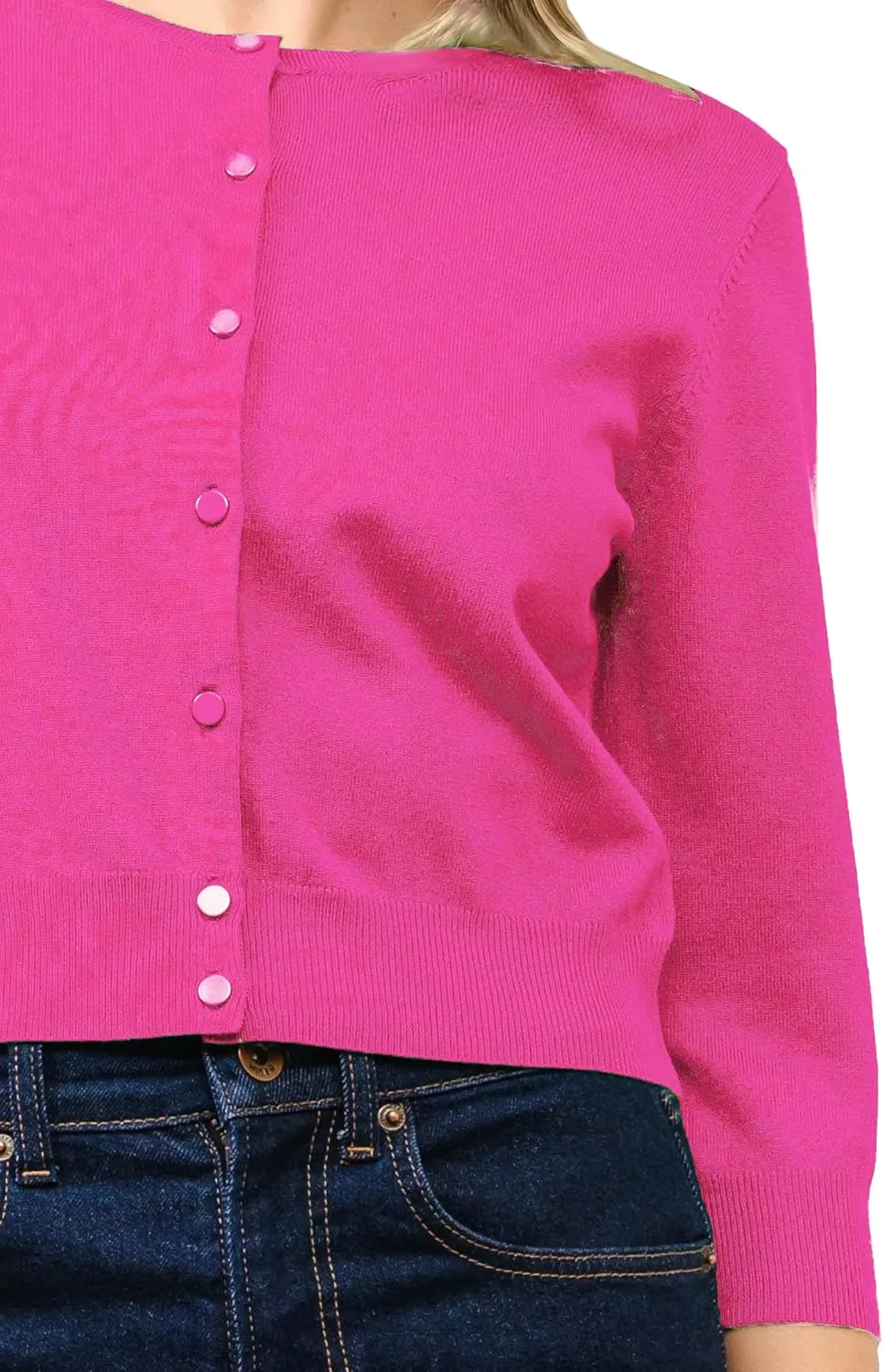 Women's Cropped Cardigan 3/4 Sleeve Crewneck Button Up Sweater Knit Top (S~XL)
