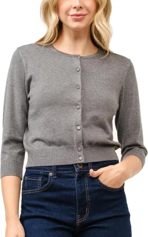 Women's Cropped Cardigan 3/4 Sleeve Crewneck Button Up Sweater Knit Top (S~XL)