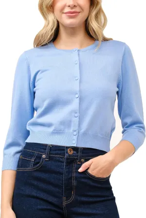 Women's Cropped Cardigan 3/4 Sleeve Crewneck Button Up Sweater Knit Top (S~XL)