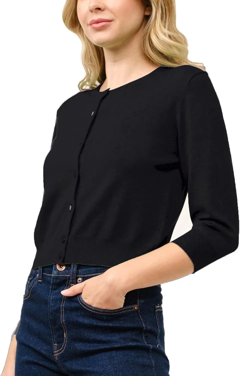 Women's Cropped Cardigan 3/4 Sleeve Crewneck Button Up Sweater Knit Top (S~XL)