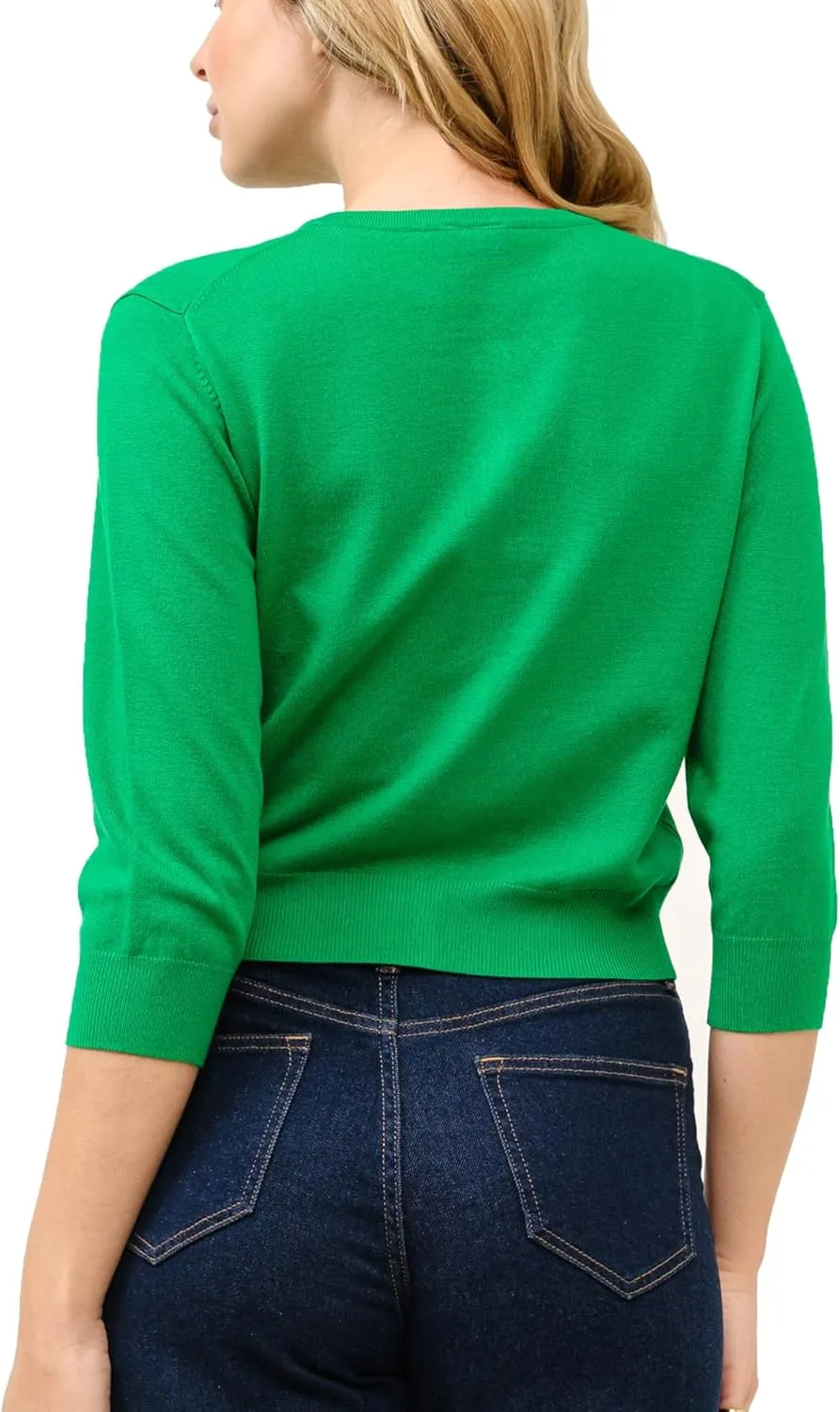 Women's Cropped Cardigan 3/4 Sleeve Crewneck Button Up Sweater Knit Top (S~XL)
