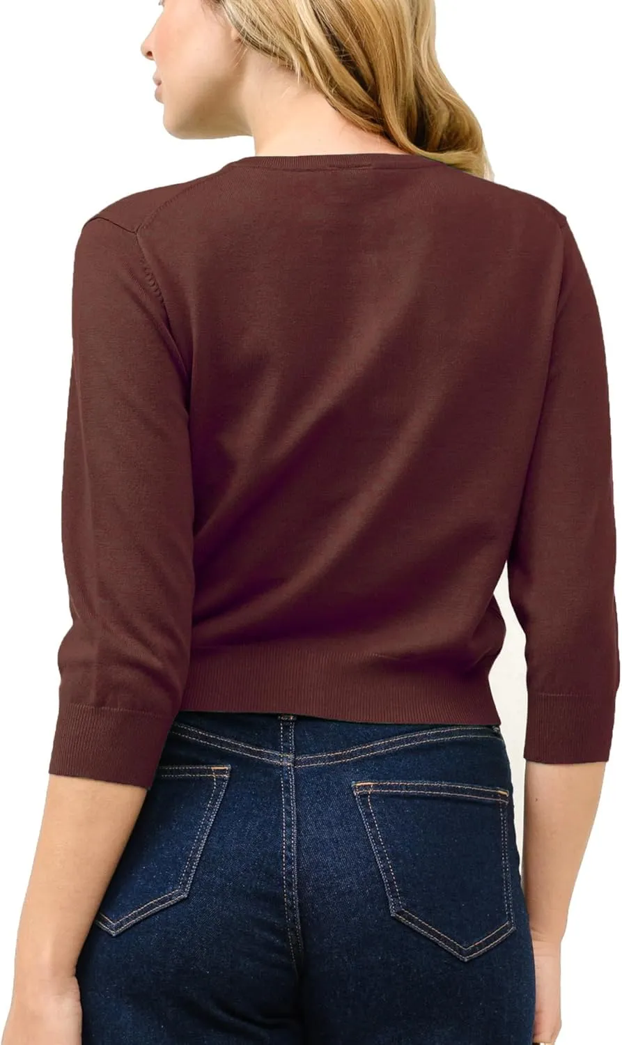 Women's Cropped Cardigan 3/4 Sleeve Crewneck Button Up Sweater Knit Top (S~XL)