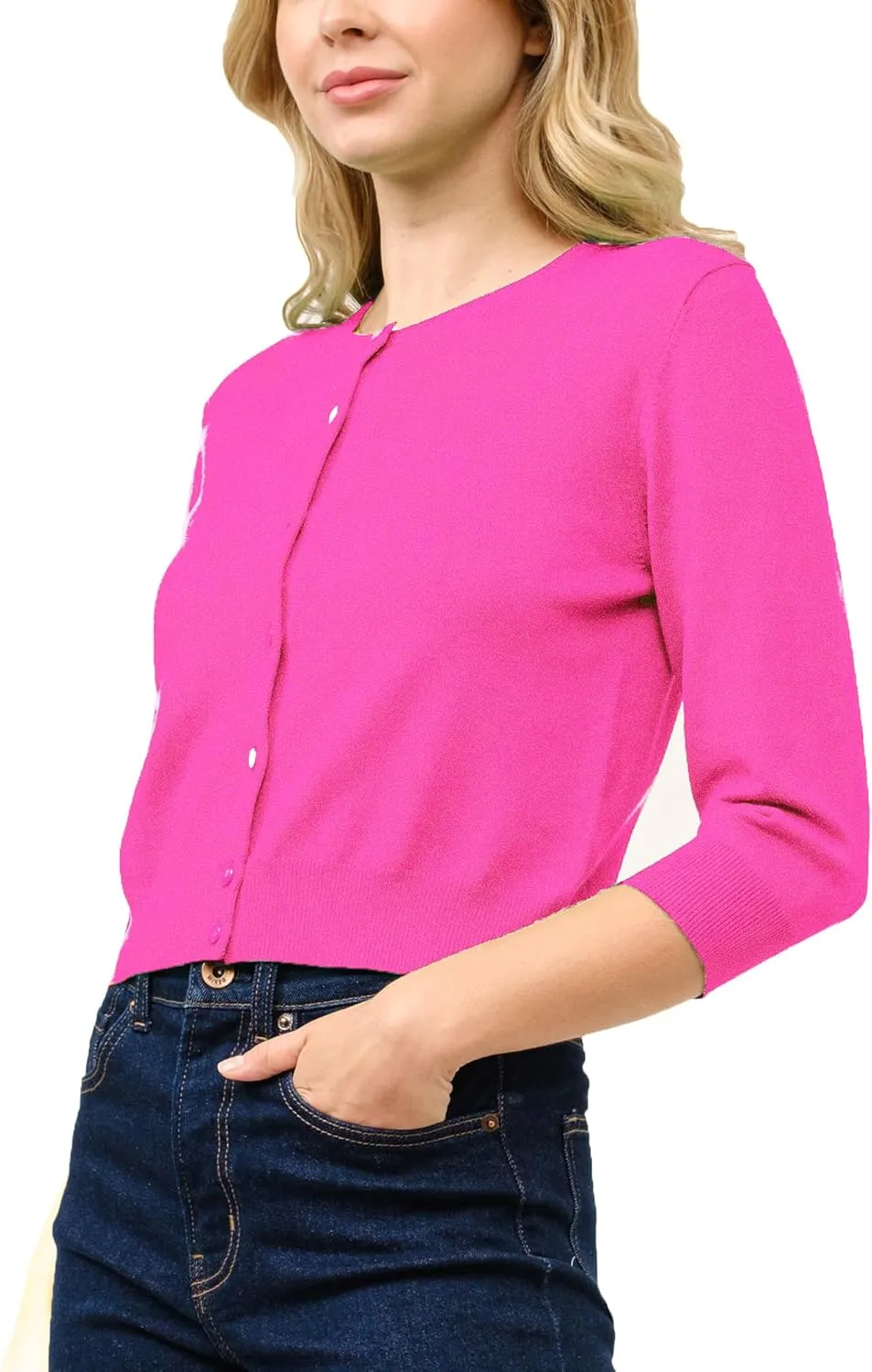 Women's Cropped Cardigan 3/4 Sleeve Crewneck Button Up Sweater Knit Top (S~XL)