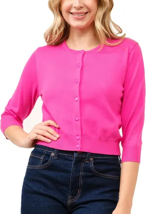 Women's Cropped Cardigan 3/4 Sleeve Crewneck Button Up Sweater Knit Top (S~XL)