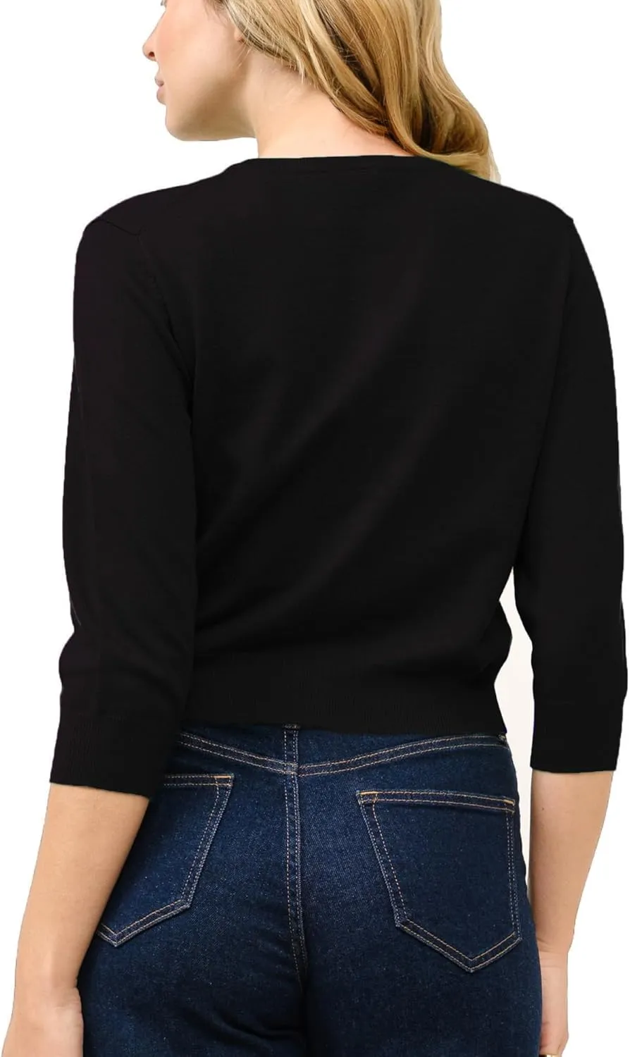 Women's Cropped Cardigan 3/4 Sleeve Crewneck Button Up Sweater Knit Top (S~XL)