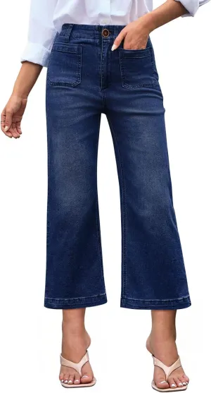 Womens Cropped High Waist Wide-Leg Baggy Jeans Stretchy Straight Leg Flared Jeans Trendy Denim Pants