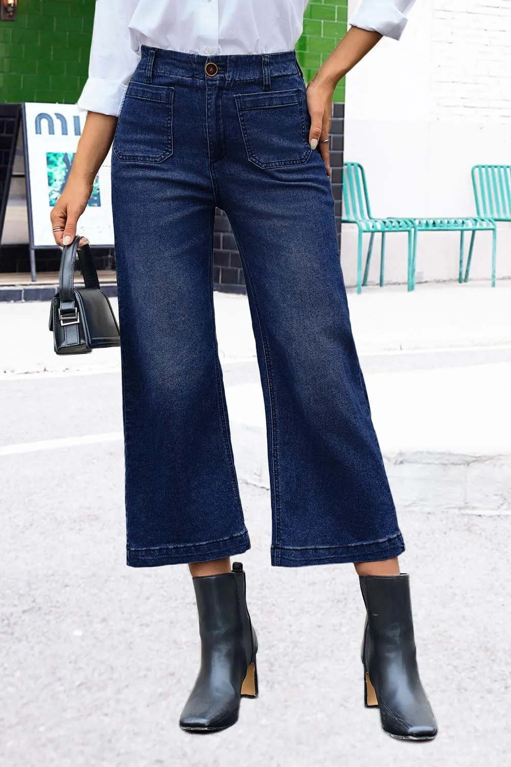 Womens Cropped High Waist Wide-Leg Baggy Jeans Stretchy Straight Leg Flared Jeans Trendy Denim Pants