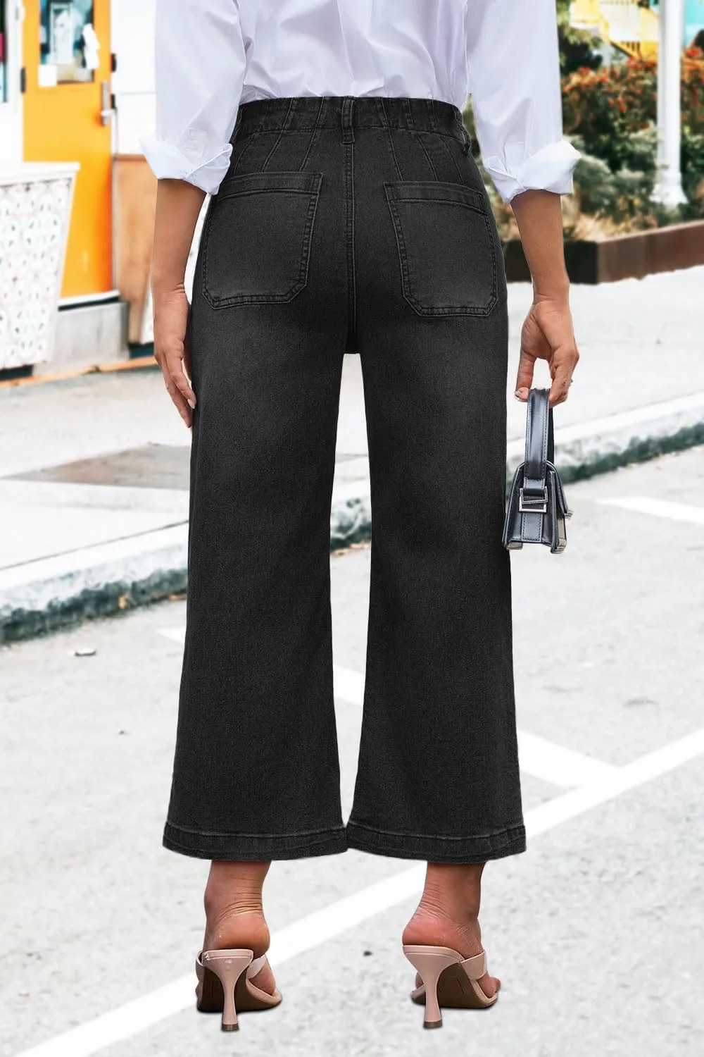 Womens Cropped High Waist Wide-Leg Baggy Jeans Stretchy Straight Leg Flared Jeans Trendy Denim Pants
