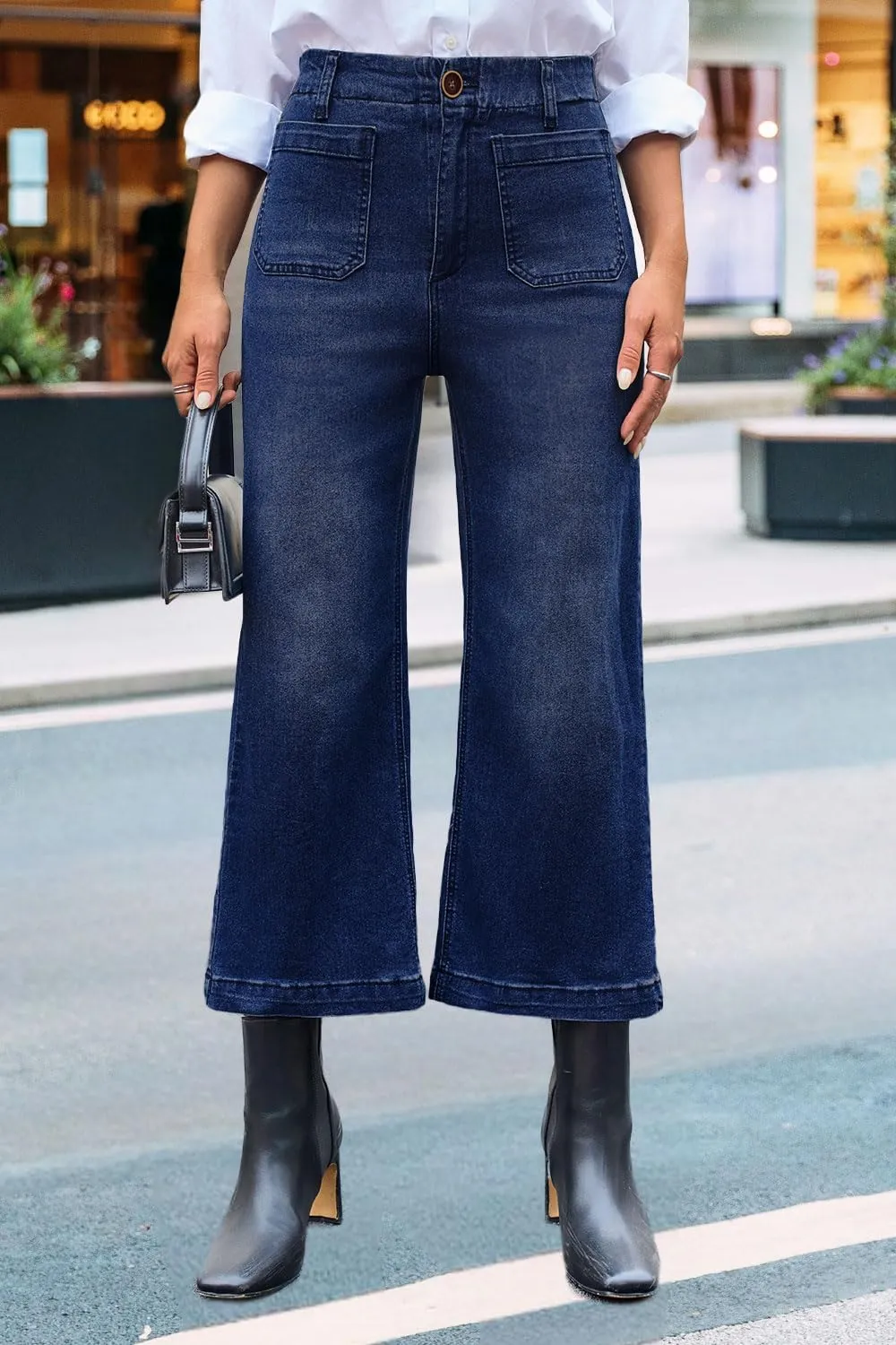 Womens Cropped High Waist Wide-Leg Baggy Jeans Stretchy Straight Leg Flared Jeans Trendy Denim Pants