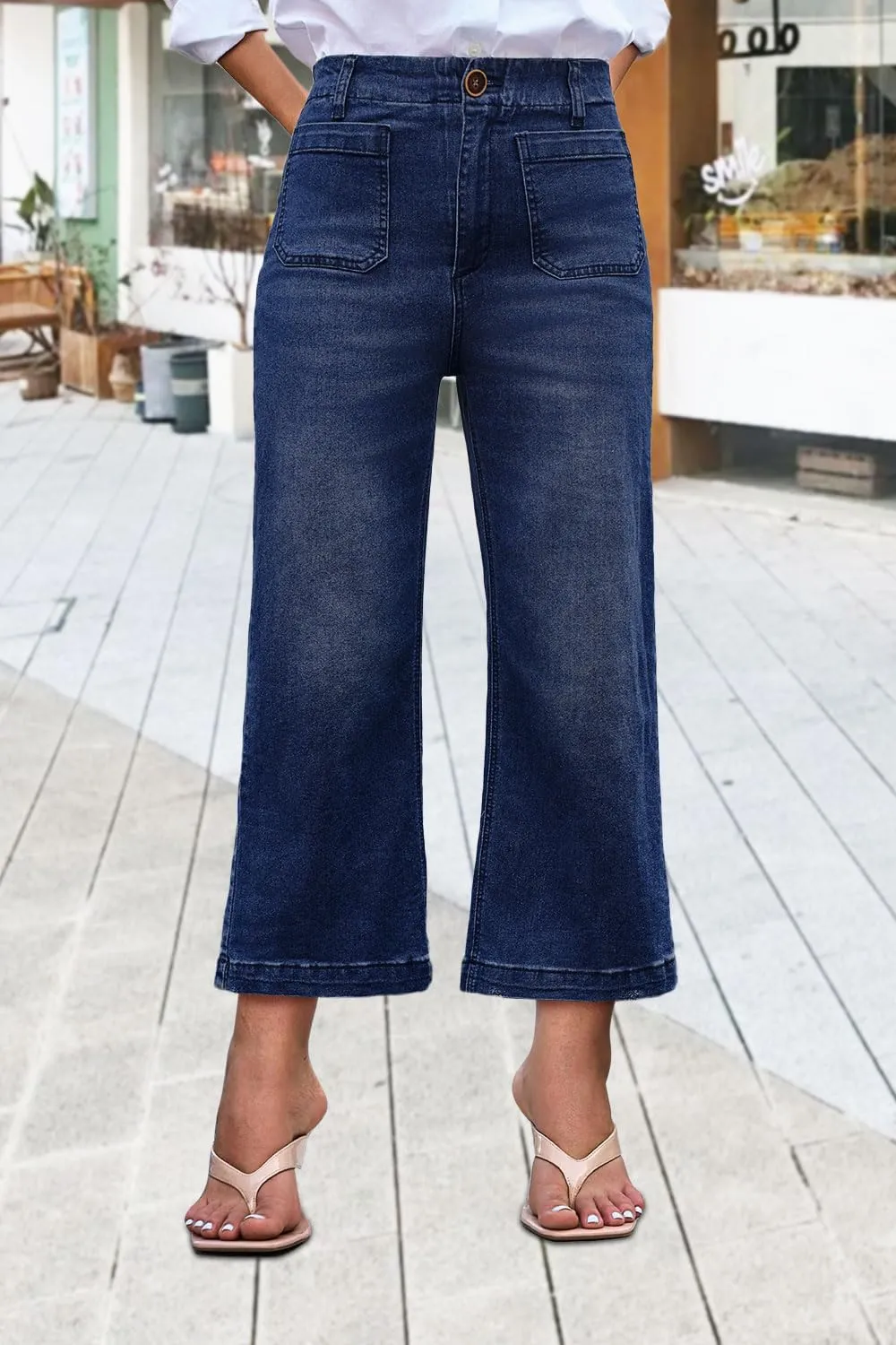 Womens Cropped High Waist Wide-Leg Baggy Jeans Stretchy Straight Leg Flared Jeans Trendy Denim Pants