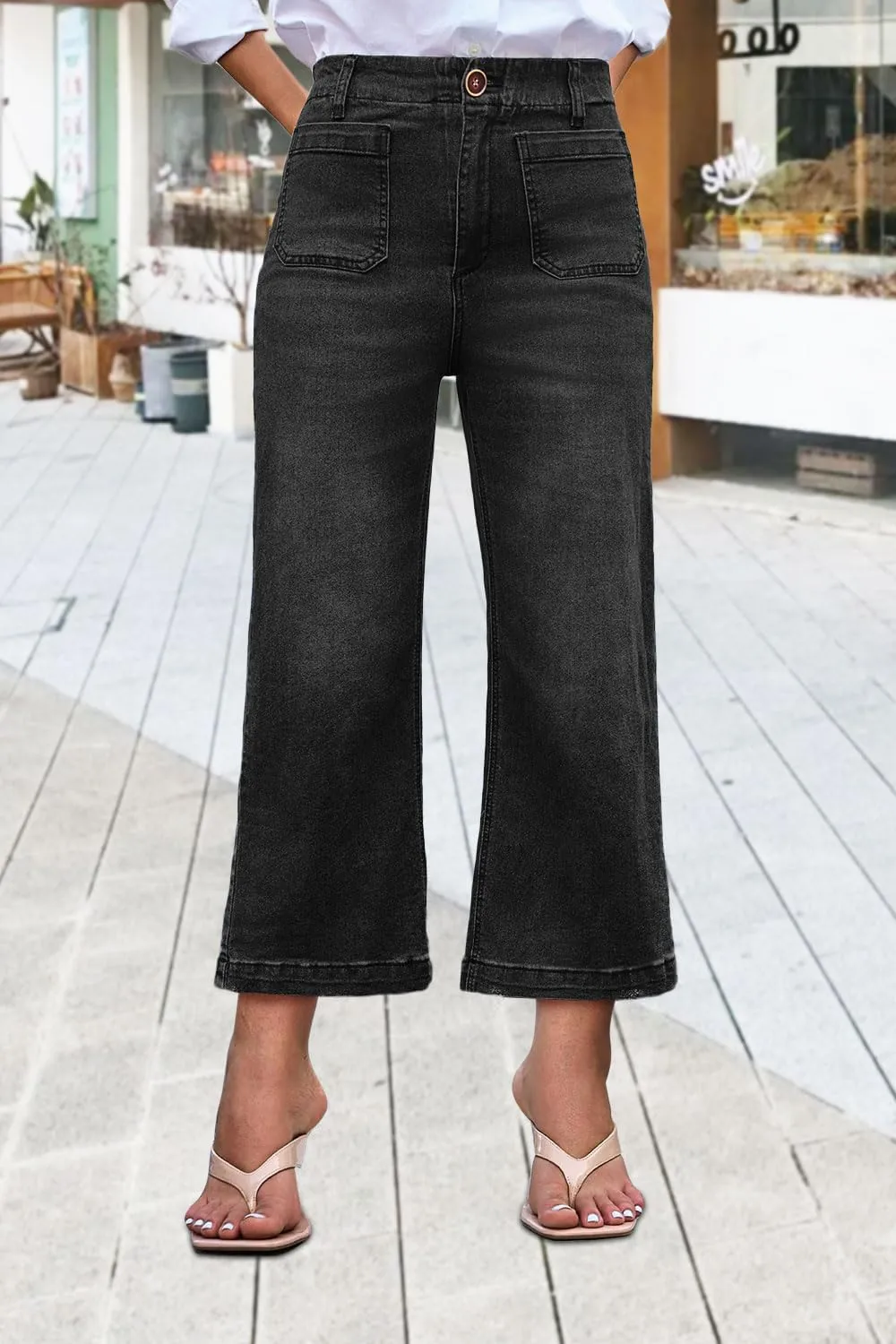 Womens Cropped High Waist Wide-Leg Baggy Jeans Stretchy Straight Leg Flared Jeans Trendy Denim Pants